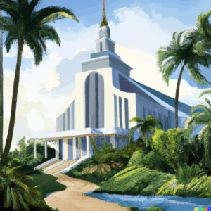 DALL·E 2023 08 24 14.57.57 Church of the latter day saints depicted in a tropical environment. Digital art