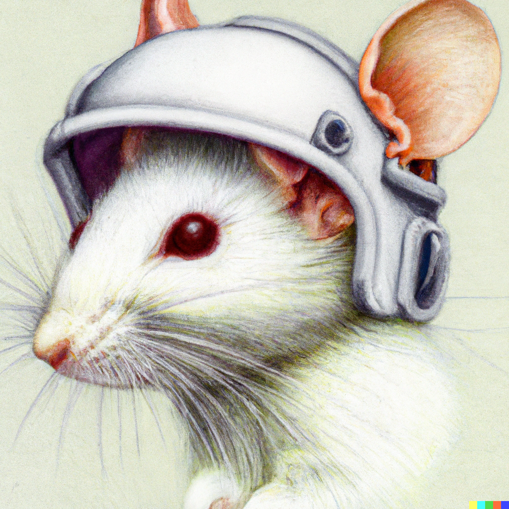 a detailed colored pencil drawing of a white mouse wearing a scientific helmet