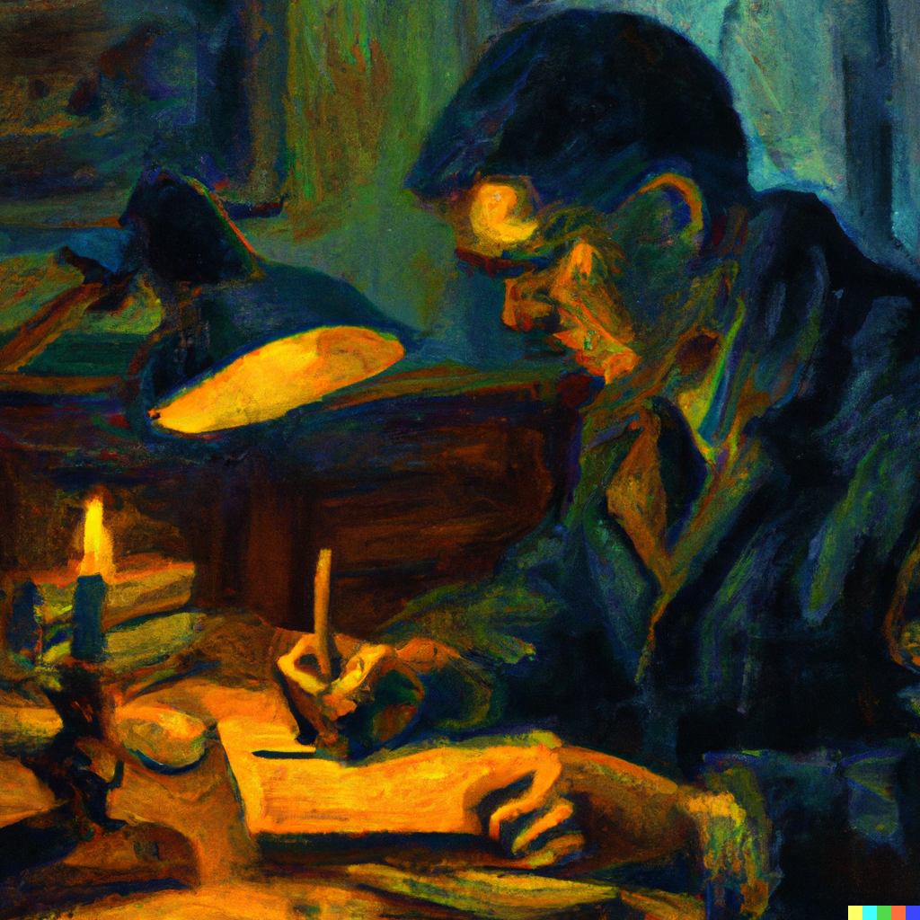DALL·E 2023 08 28 14.28.20 a man reading over academic material by lamp light in a dark room. oil painting