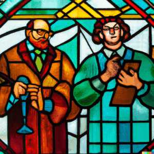 DALL·E 2023 08 28 15.20.14 a stained glass depiction of scientists