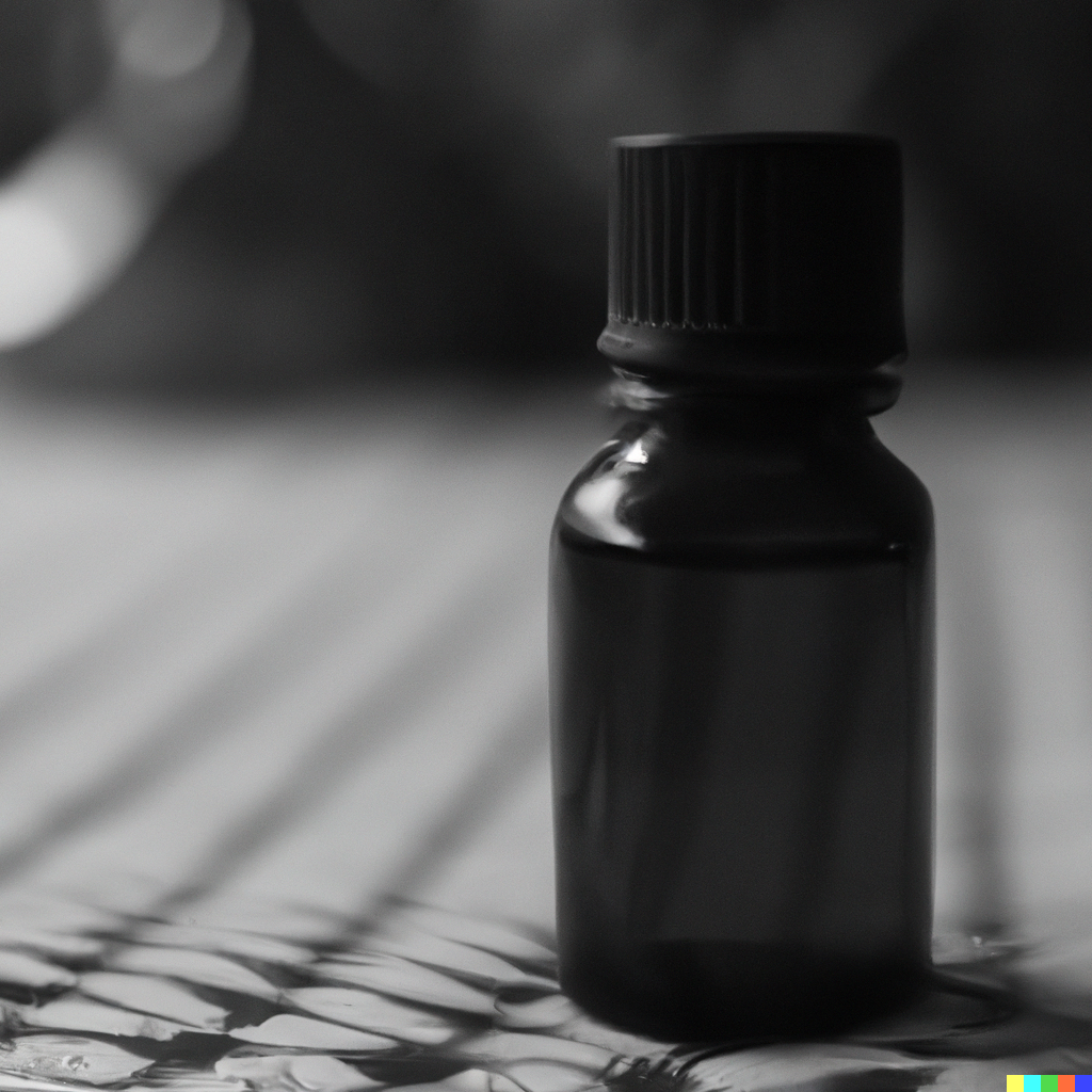 A-small-bottle-of-botanical-extract-sitting-on-a-table.-Black-and-white-photo
