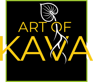 black background on goldish yellow letters depicting Art of Kava logo
