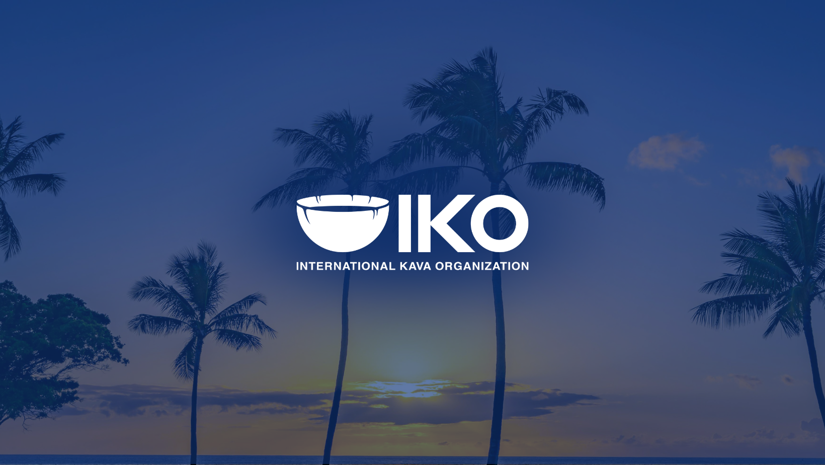International Kava Organization (IKO) official logo featuring a white kava bowl icon, overlaid on a tropical sunset background with silhouetted palm trees.