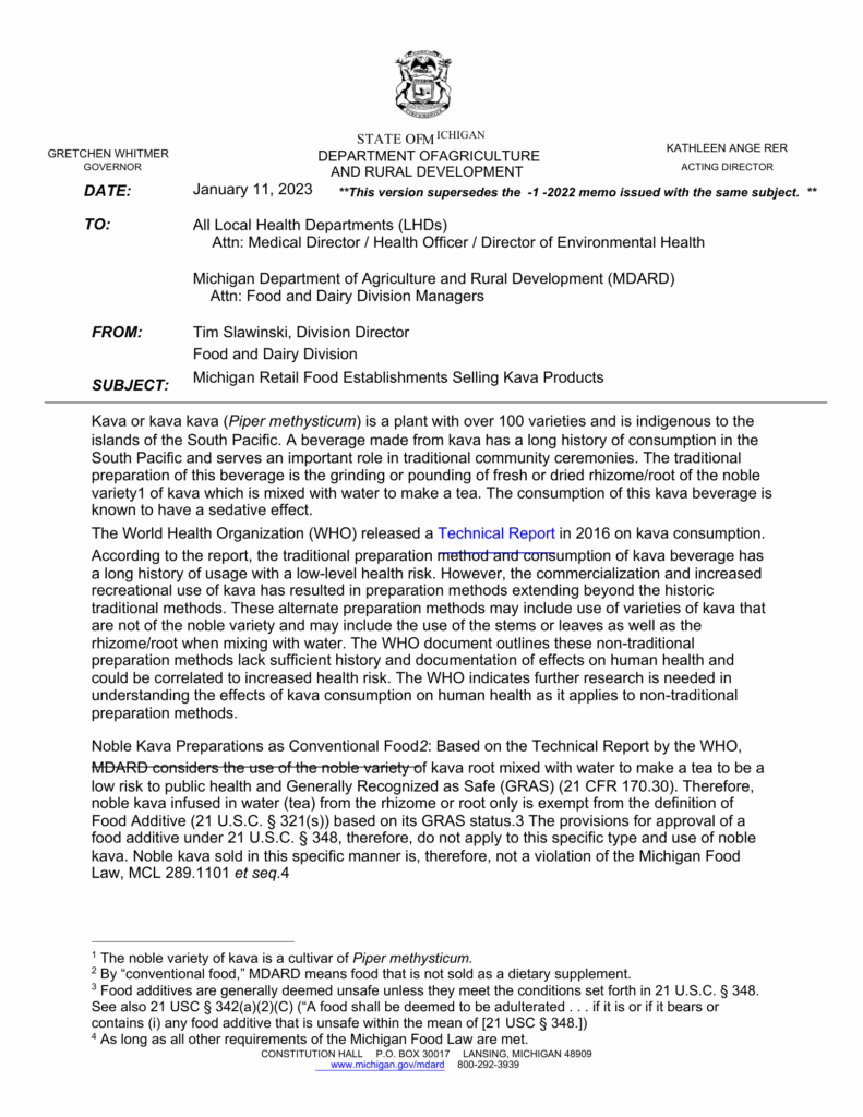 Official Michigan Department of Agriculture and Rural Development memo describing the GRAS determination for noble kava and its permitted use in retail food establishments.